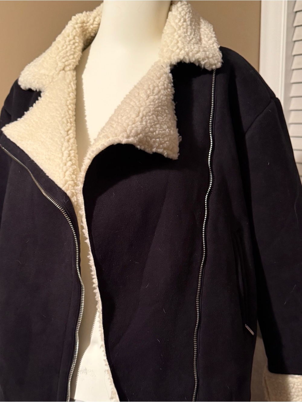 Ellison Women's Faux Suede Shearling Jacket - Dark Deep Blue with Cream Trim